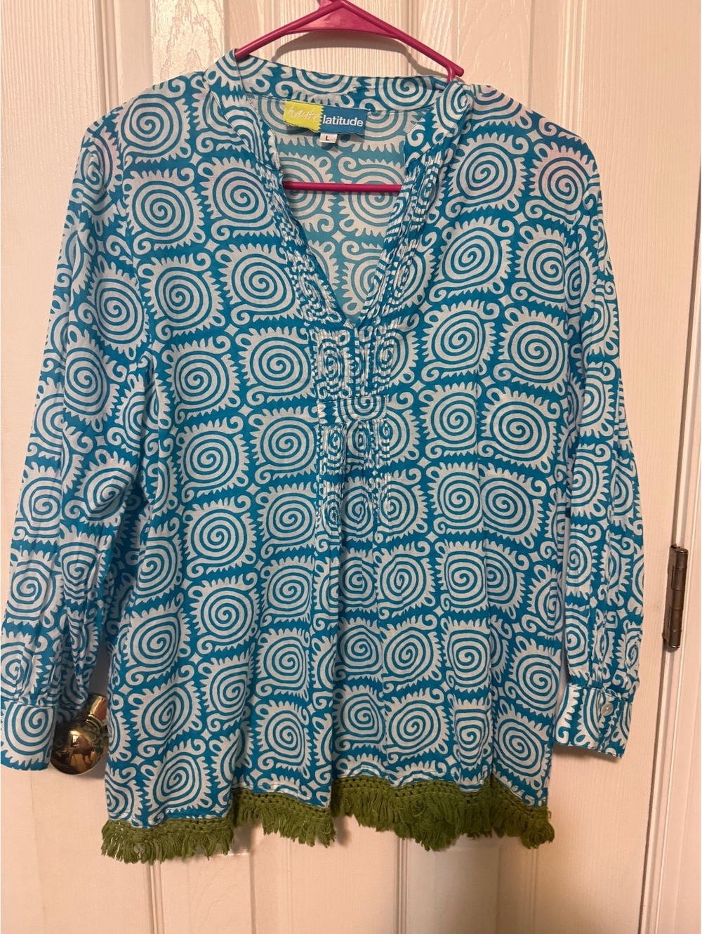 Haute Latitude Blue and White Swirl Patterned Blouse with Green Fringe Hem SizeL